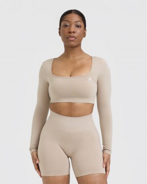 Oner Active Effortless Square Neck Crop Long Sleeve T Shirts Lysebrune | 319-RONJTX