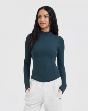 Oner Active Mellow Rib Mock Neck Long Sleeve T Shirts Blå | 165-TNUZLW