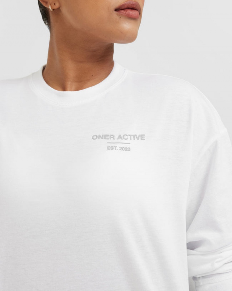 Oner Active Classic Lifters Grafisk Oversized Lette Long Sleeve T Shirts Hvide | 854-JMADUN