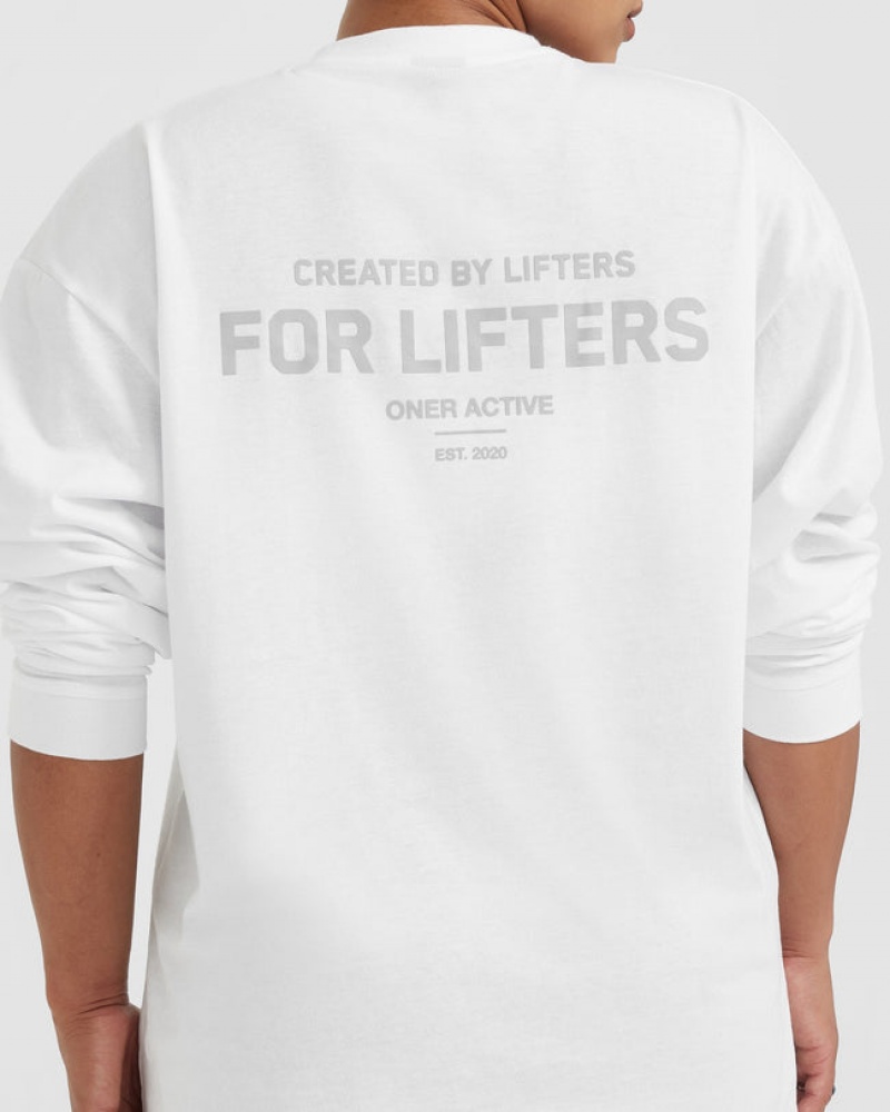 Oner Active Classic Lifters Grafisk Oversized Lette Long Sleeve T Shirts Hvide | 854-JMADUN