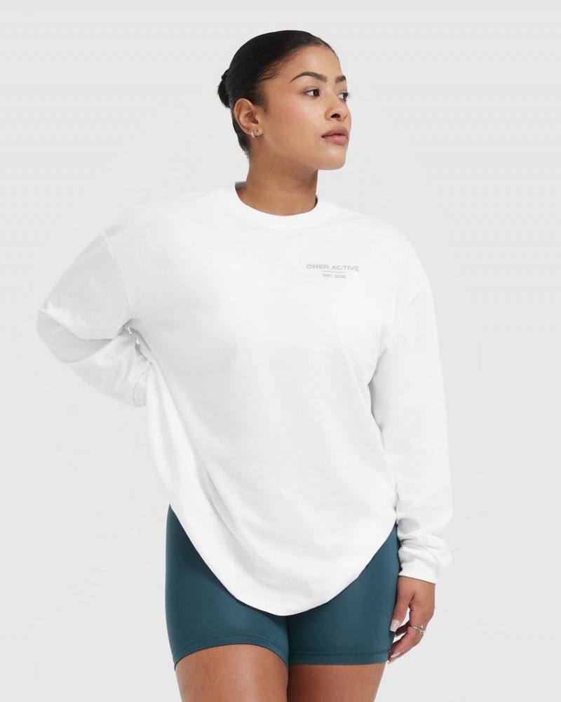 Oner Active Classic Lifters Grafisk Oversized Lette Long Sleeve T Shirts Hvide | 854-JMADUN