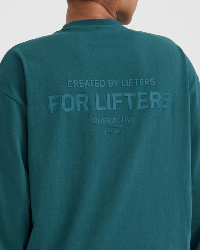 Oner Active Classic Lifters Grafisk Oversized Lette Long Sleeve T Shirts Blå Turkis | 803-ZLANIG