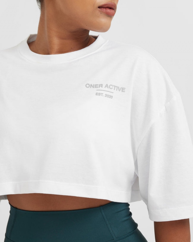 Oner Active Classic Lifters Grafisk Relaxed Crop Lette T Shirts Hvide | 328-FEUCOT