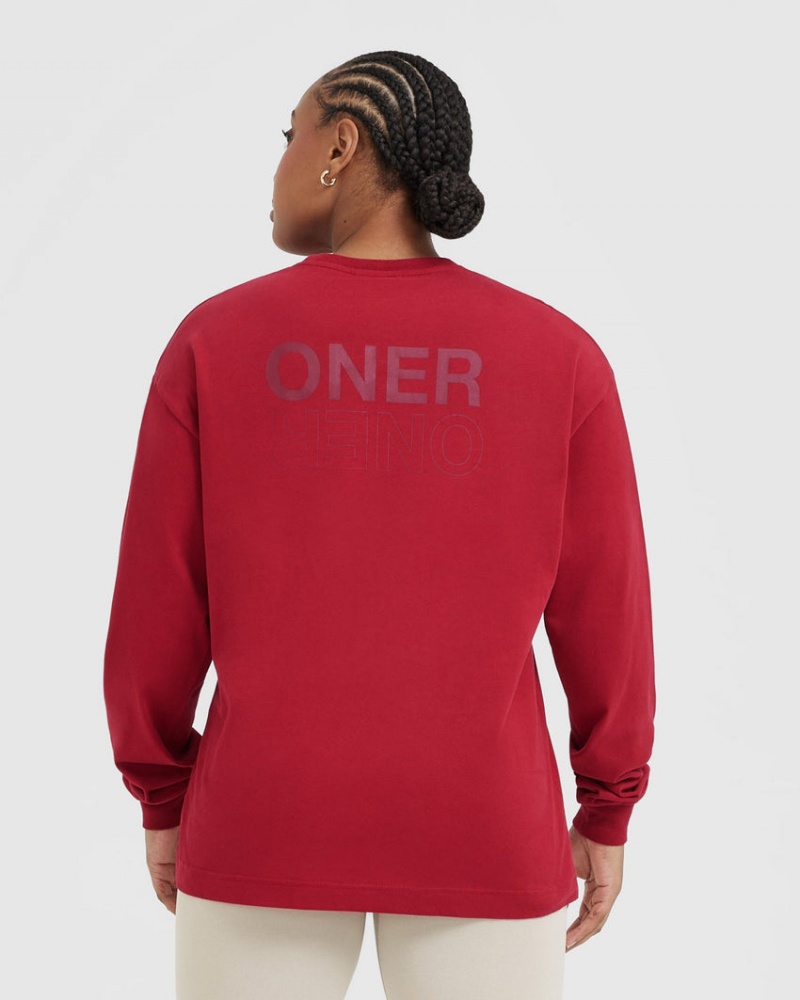 Oner Active Classic Mirror Grafisk Oversized Long Sleeve T Shirts Rød Bordeaux | 769-VCEUON