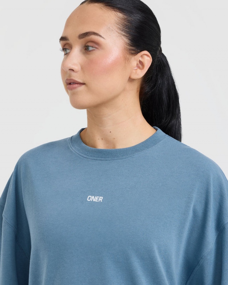 Oner Active Classic Oner Grafisk Longline T Shirts Blå | 284-PFTDGV