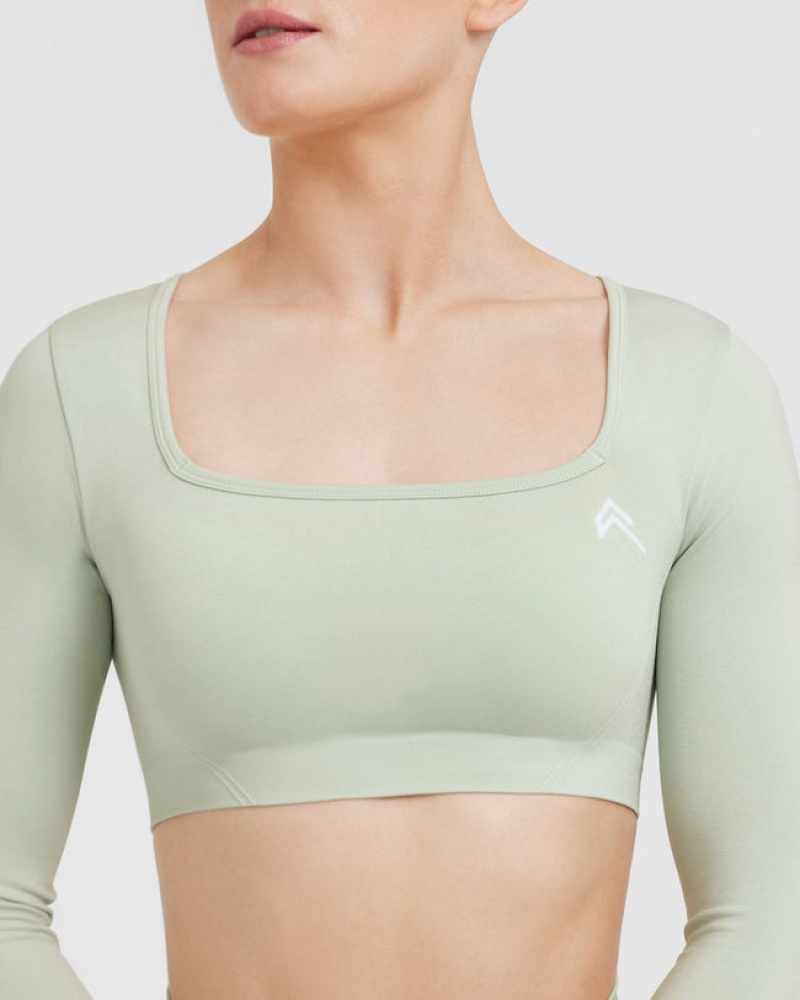 Oner Active Effortless Square Neck Crop Long Sleeve T Shirts Grøn | 257-GLWNMD