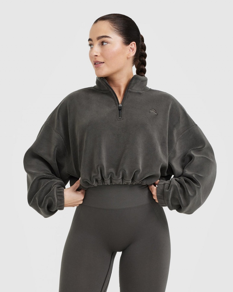 Oner Active Fleece Oversized Crop 1/2 Zip Sweatshirts Dyb Grå Brune | 057-OBFHAP