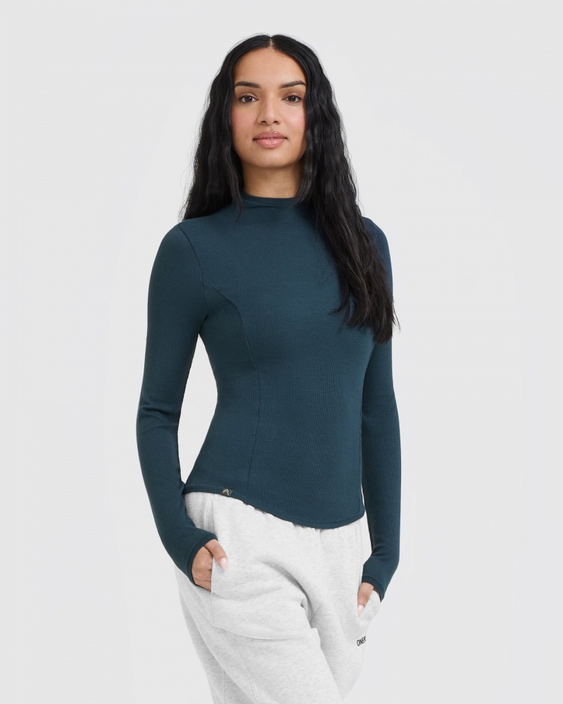 Oner Active Mellow Rib Mock Neck Long Sleeve T Shirts Blå | 165-TNUZLW